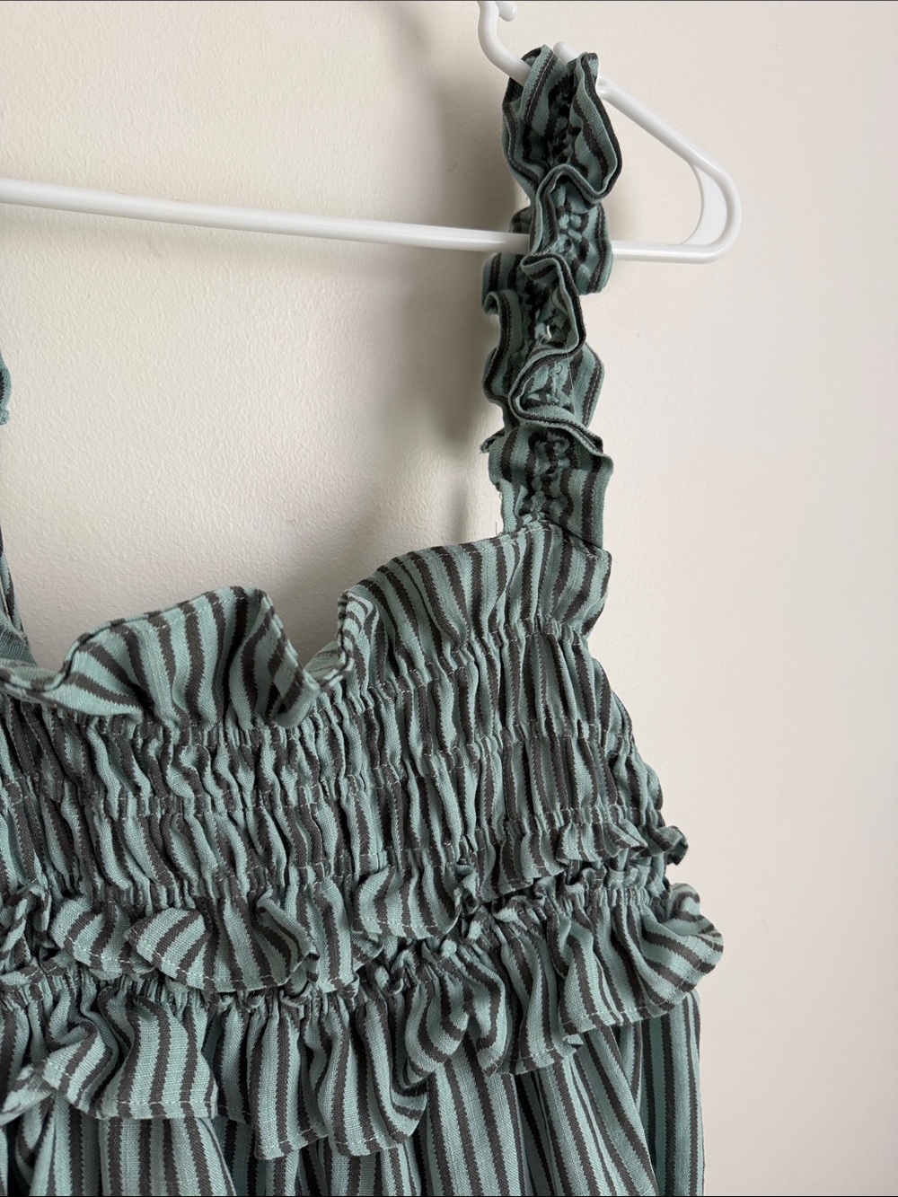Smocked Ruffle Striped Tank Top - Sage/Teal Green with Charcoal Stripes - Picture 4 of 11